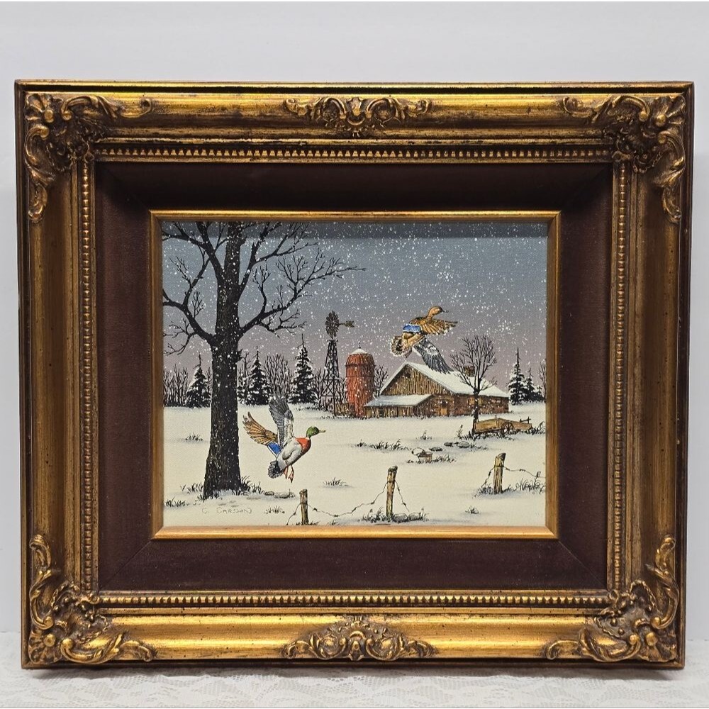 C.Carson Serigraph Vintage Oil Painting Flying Ducks On Windmil Farmhouse Signed